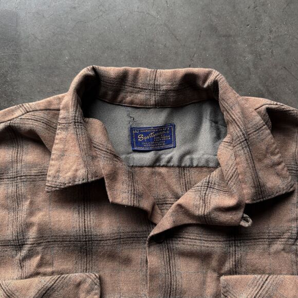 Vintage 60s Sportsman Cal Made Loop Collar Shadow Plaid Flap Pocket Large Shirt - Picture 2 of 5